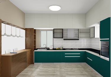 Modern L-shaped kitchen featuring teal cabinets, white subway tile backsplash, and wooden accents.