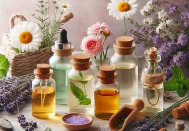 various glass jars with differnt liquids, chamomile and lavender flowers in background