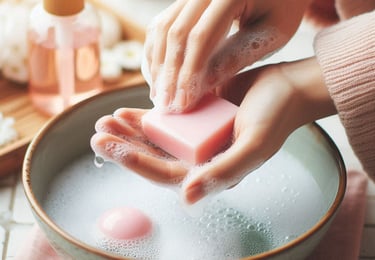 hand washing with soap above a basin of water