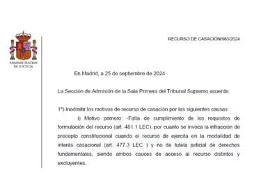providencia inadmisión casación civil artículo 24 CE