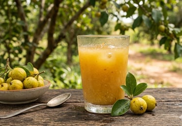 Suco fresco de gabiroba amarela recém-preparado em um copo sobre uma mesa rústica de madeira.