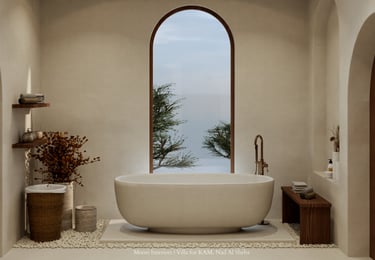 Minimalist luxury bathroom with freestanding tub, arched window, and natural textures.
