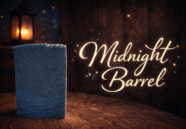 Handmade Midnight Barrel artisan soap bar on a rustic wooden table with a lantern background.