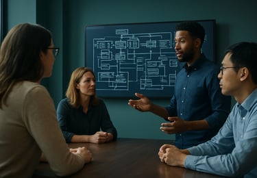 An inclusive collaborative session in a North American tech hub. Colleagues are gathered around a large display in a sophisticated teal-walled room, discussing complex software architecture. The mood is forward-thinking and innovative, with a focus on high standards.