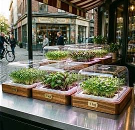Fresh microgreens and herbs growing in wooden hydroponic trays on a city sidewalk cafe table.