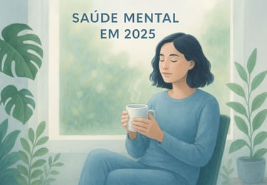 Pessoa relaxada com chá em ambiente sereno, ilustrando saúde mental e exercícios para ansiedade