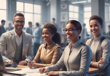 A group of government leaders collaborating over futuristic service design plans.