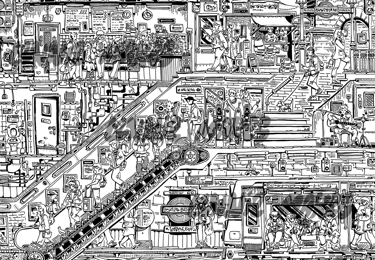 Fun black and white Illustration, fineliner ink drawing, detailed artwork, urban art print