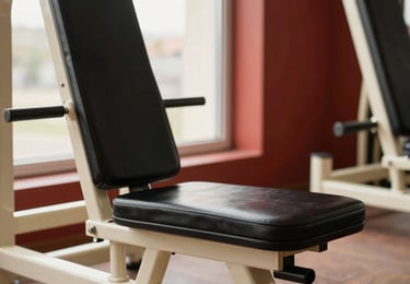 Heavy-duty black leather upholstery on premium gym fitness equipment, clean lines, professional finish