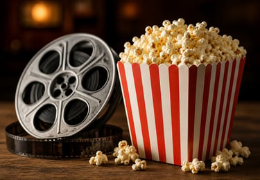 A movie reel and popcorn