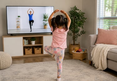  A child following an interactive video on tv. 