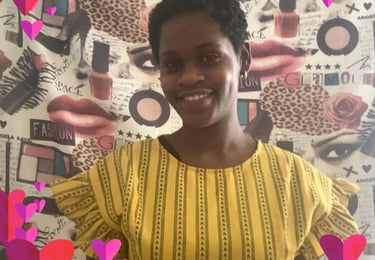 Photo of my friend, a young Black woman in yellow shirt with short natural hair, a collage of fashion images in background