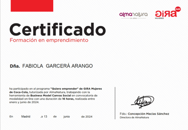 CERTIFICADO DE GIRA COCACOLA, OTORGADOS A FABIOLA GARCERA
