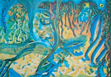 Rock Pool — teal and amber abstract suggesting coastal rock and water, acrylic, by Zanda