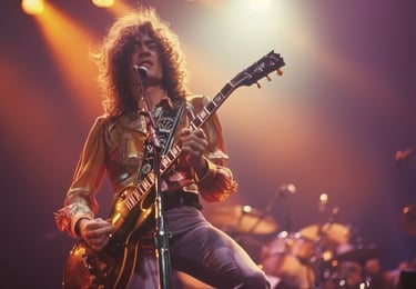 A 70's rock star playing guitar on stage. Peter Pickering loved Stairway To Heaven. 