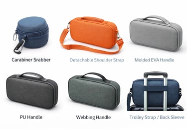 Molded EVA carrying cases in various colors featuring carabiner, shoulder strap, and trolley sleeve.
