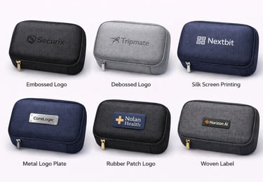 Six custom tech organizer pouches showcasing branding methods like embossed, metal plate, and rubber patch logos.