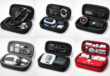 Portable medical hard cases for a stethoscope, pulse oximeter, blood pressure monitor, and first aid kit.