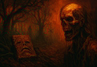 Wide aspect artwork of Evil Dead movies in order, haunted forest with demonic presence.
