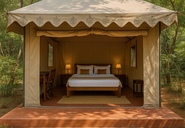 a tented tent with a bed and a bed in it