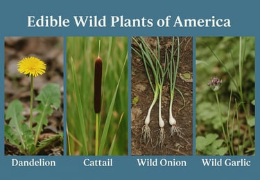 Edible wild plants image with dandelion cattail wild onion and wild garlic for wilderness survival foraging