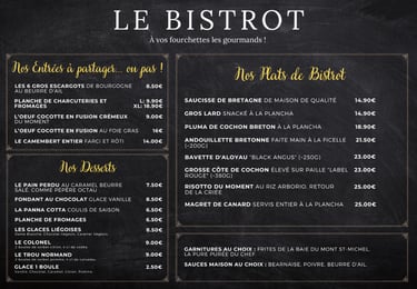 Menu des entrées, plats et desserts du restaurant Le Bistrot