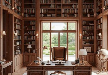 Rich wood-paneled library with built-in bookshelves, comfortable seating, and warm lighting.