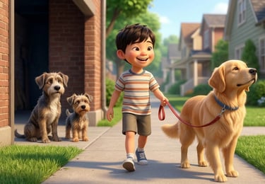 A smiling young boy in a striped shirt walking a golden retriever on a leash along a sunny neighborhood sidewalk.