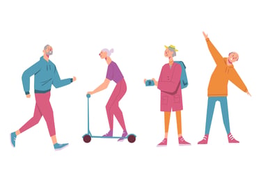Active senior citizens jogging, riding a kick scooter, traveling, and doing outdoor exercise.