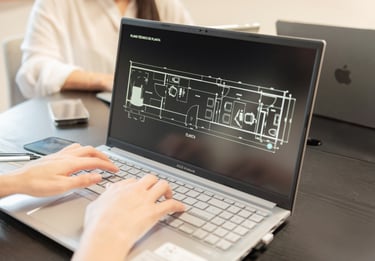 Diseño de plano técnico de vivienda en construcción modular realizado en ordenador