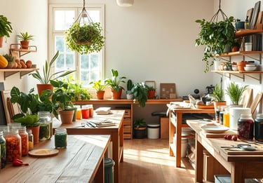 Natural paint making workspace, surrounded by jars of vegetables and fruits, wooden tables.