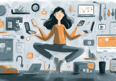 a woman sitting on a desk with a laptop and cell phone