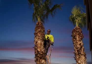 A professional landscaper wearing a neon safety shirt trims the top of a tall palm tree at sunset.