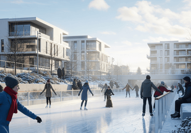  A seasonal feature that can be a water lane in the summer and an ice rink in the winter.