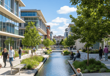 A network of bioswales, permeable surfaces, and stormwater retention basins for water management