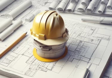 The image depicts a construction site with workers building a small structure made of concrete blocks. There are wooden scaffolding and support beams in place, and the site is surrounded by palm trees, conveying a tropical setting. Construction materials such as blue tarpaulin and concrete blocks are scattered around the area.