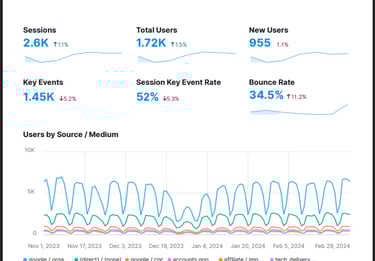Website traffic performance report showing sessions, users, bounce rate, and traffic sources