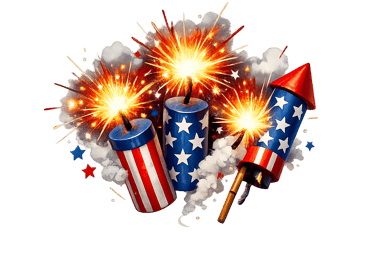 Red white and blue patriotic fireworks with glowing sparks for America 250 celebration.