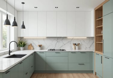 cocina moderna en verde salvia combinada con blanco, madera y encimera clara
