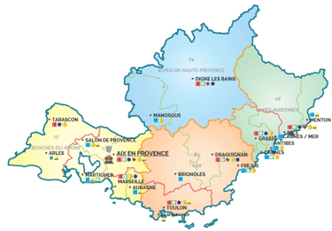 Carte colorée des juridictions du ressort de la cour d'appel d'Aix-en-Provence