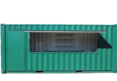 A custom green shipping container bar with a serving window and side door.