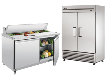 Stainless steel commercial upright refrigerator and refrigerated prep table