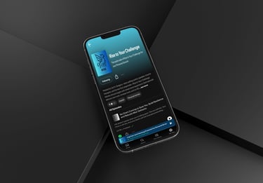 A smartphone with a black-and-white screen. with a podcast episode picture on the screen..
