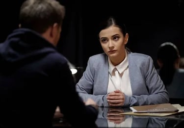 Investigator questioning a dark interview room.