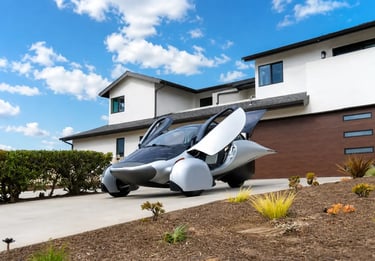 Aptera Solar EV estacionado em garagem residencial com portas abertas durante o dia