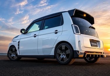 Traseira da Honda Super One Mugen com aerofólio esportivo ao pôr do sol