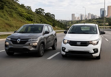 Renault Kwid e Fiat Mobi 2026 em movimento lado a lado na rodovia