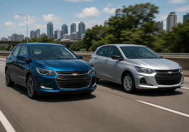 Chevrolet Onix Premier e Onix básico lado a lado em movimento na rodovia