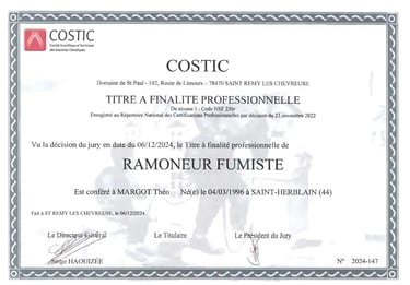 Diplôme Ramoneur Fumiste COSTIC - Théo MARGOT - Ramonage Direct