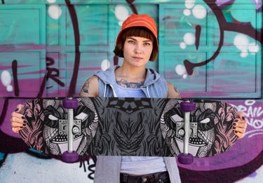 a woman holding a skateboard in front of a graffiti - covered wall